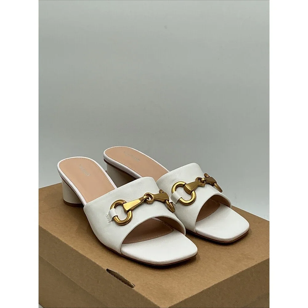 Vodvob Sandals Women's US 6 White Leather Square Toe Block Heel Slip On Eby4502
